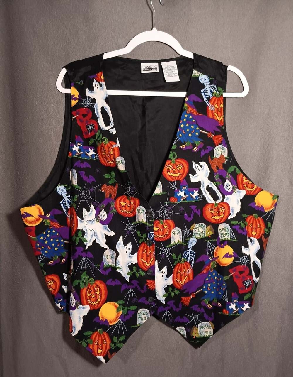 Halloween Vest 2X Basic Editions Pumpkins Ghosts Skeletons Bats Vtg 90s Teacher
